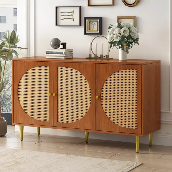 Set Mobilă de Living din Ratan cu Comodă Modernă cu Trei Uși și Dulap pentru Pantofi cu Două Uși Glisante, Culoare nuc
