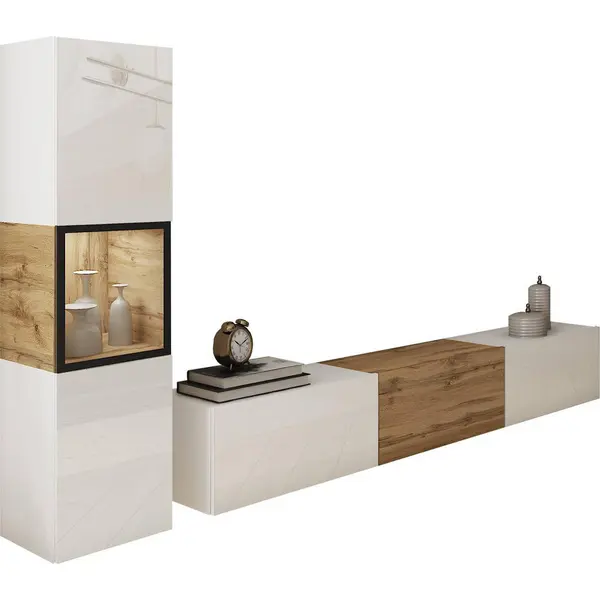 Set Mobilă Living, 2 piese, alb, stejar Wotan, 210/130/32,5 cm