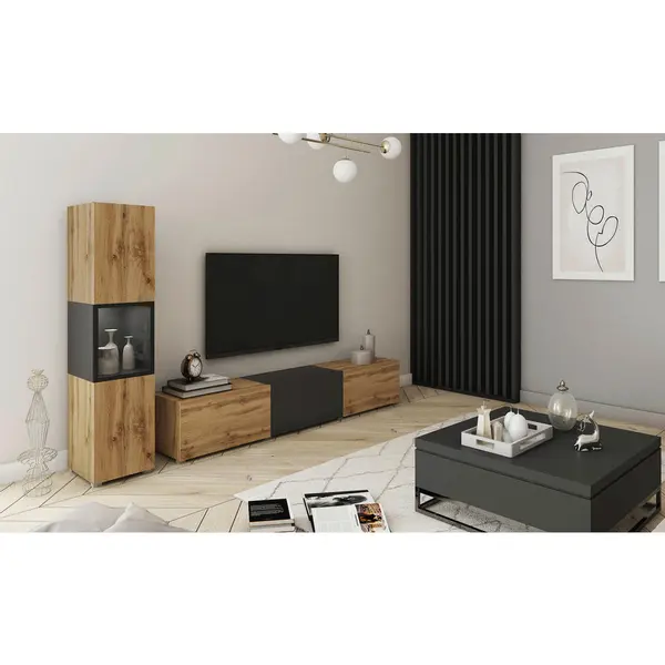 Set Mobilă Living, 2 piese, negru, stejar Wotan, 210/130/32,5 cm