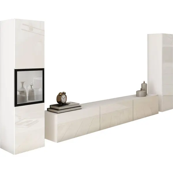 Set Mobilă Living, 3 piese, alb, alb lucios intens, 240/130/31 cm