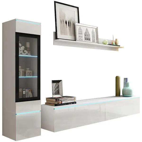 Set Mobilă Living, 3 piese, alb lucios intens, 210/130/33 cm