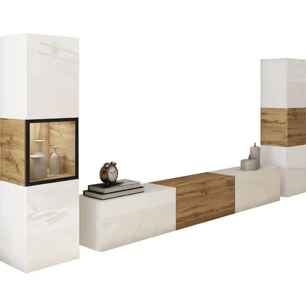 Set Mobilă Living, 3 piese, alb, stejar Wotan, 240/130/31 cm