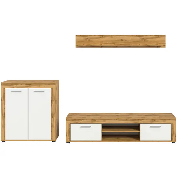 Set Mobilă Living, 3 piese, alb, stejar Wotan, 255/159/35 cm