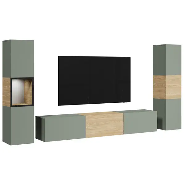 Set Mobilă Living, 3 piese, culoare lemn stejar, verde salvie,