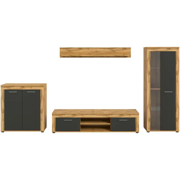 Set Mobilă Living, 4 piese, antracit, stejar Wotan, 330/159/35 cm