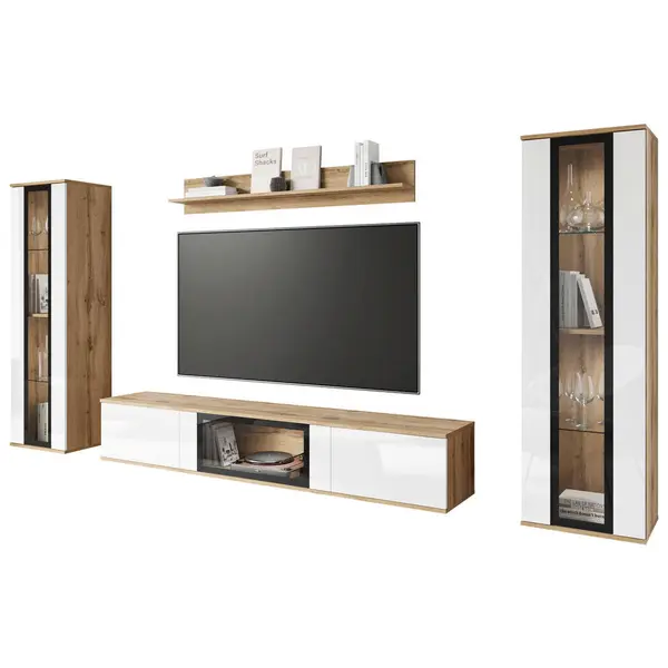 Set Mobilă Living, 4 piese, stejar Wotan, alb lucios intens, 262/141,9/33 cm