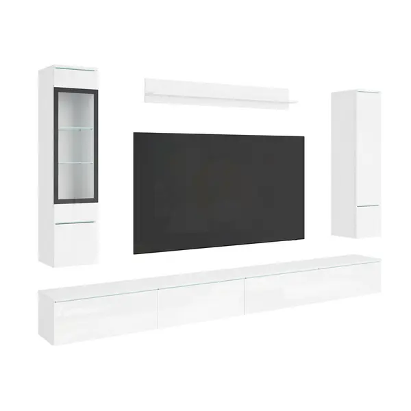 Set Mobilă Living, 5 piese, alb, alb lucios intens, 300/162/33 cm