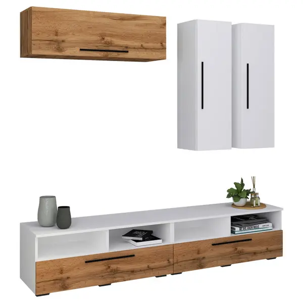 Set Mobilă Living, alb, culoare lemn stejar, 190/200/40 cm