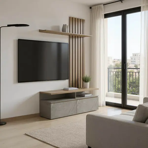 Set mobila living cu aspect de marmura, Perlento, culori bej și sonoma, lemn, 140x41x219 cm