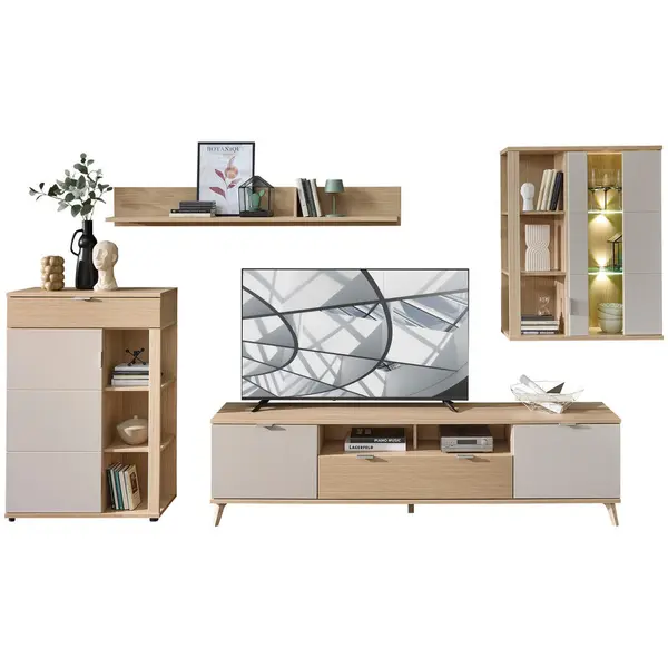 Set Mobilă Living, culoare lemn stejar, cașmir, 329/199/44 cm