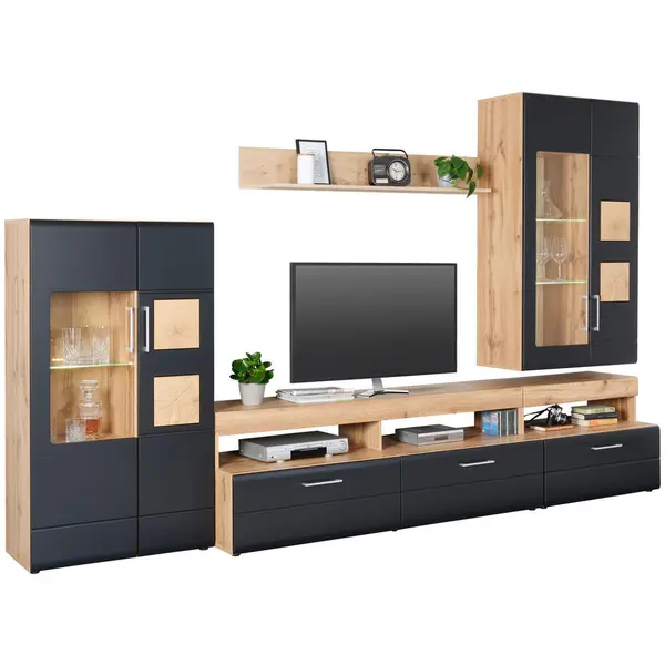 Set Mobila Living, negru, culoare lemn stejar, 330/208/52 cm