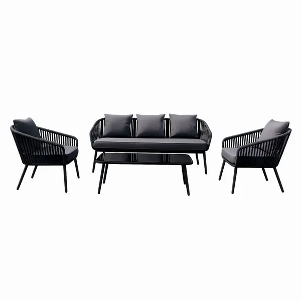 Set mobiler terasa/gradina din aluminiu KLUGMEISTER KJF10537, canapea + doua fotolii + masa din sticla (perne incluse), culoare gri