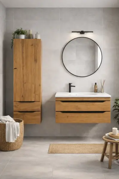 Set mobilier baie complet KolpaSan Malaya stejar natur cu lavoar compozit, dulap suspendat si oglinda