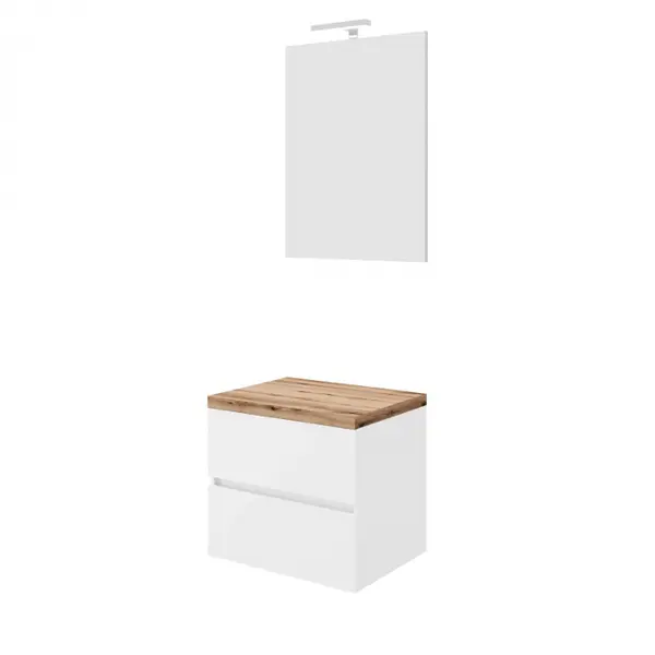 Set mobilier baie cu blat 60 cm imitatie lemn si oglinda cu LED si lampa, SaviniDue