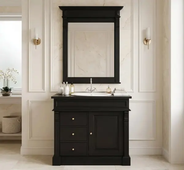 Set Mobilier Baie Negru cu Oglindă cu finisaj Vopsit