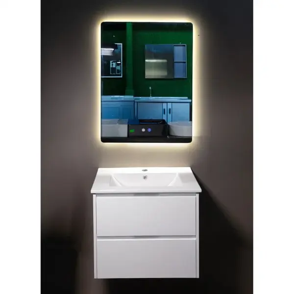 Set mobilier baie PVC alb Andra YJ-60-600 cu lavoar ceramic si oglinda cu LED antiaburire 60 cm