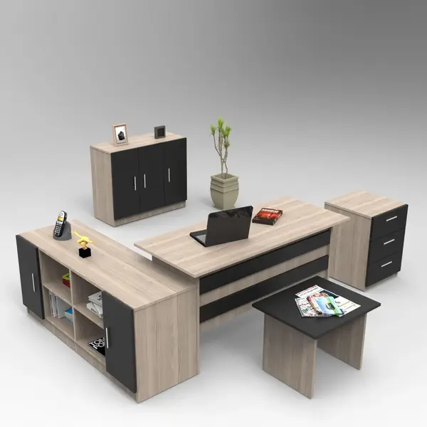 Set mobilier de birou Linta XL, 5 piese, Birou - Biblioteca - Consola - Masa - Rollbox, 140x60x74 cm