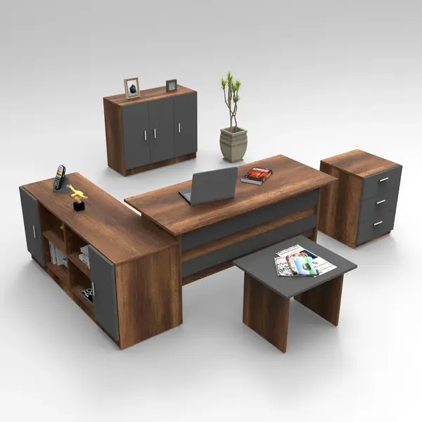 Set mobilier de birou Linta XL, 5 piese, Birou - Biblioteca - Consola - Masa - Rollbox, 140x60x74 cm