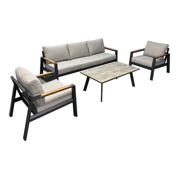 Set mobilier de grădină Aeria, aluminiu/teak, 4 piese, gri antracit, 201x89x74 cm
