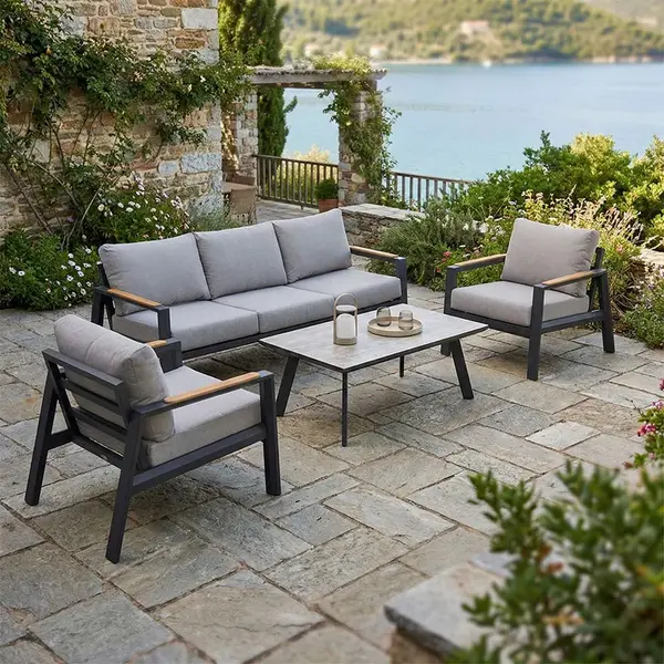 Set mobilier de gradina Aeria pakoworld 4 piese, aluminiu in nuanta gri inchis - tec - material textil gri Set mobilier de grădină Aeria pakoworld 4 piese, aluminiu în nuanță gri închis - tec - material textil gri