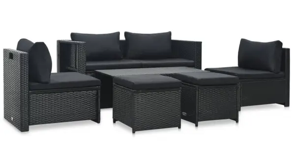 Set mobilier de gradina cu perne, 6 piese, negru, poliratan