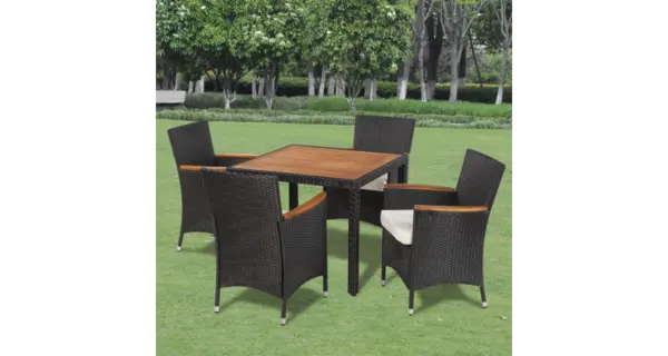 Set mobilier de gradina din ratan cu 4 scaune si masa cu blat de lemn