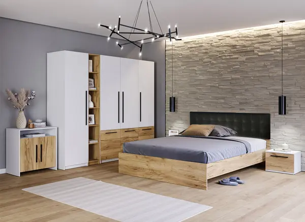 Set Mobilier Dormitor Complet Timber - Tapiterie Neagra -Configuratia 10