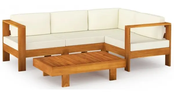 Set mobilier gradina perne alb crem, 5 piese, lemn masiv acacia