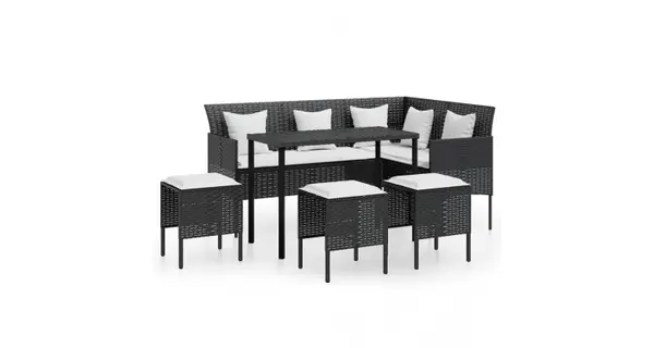 Set mobilier gradina poliratan, forma L, pentru 7 persoane, cu perne incluse, negru