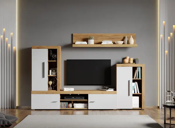 Set Mobilier Living Alb cu Stejar Auriu Crispy-C04