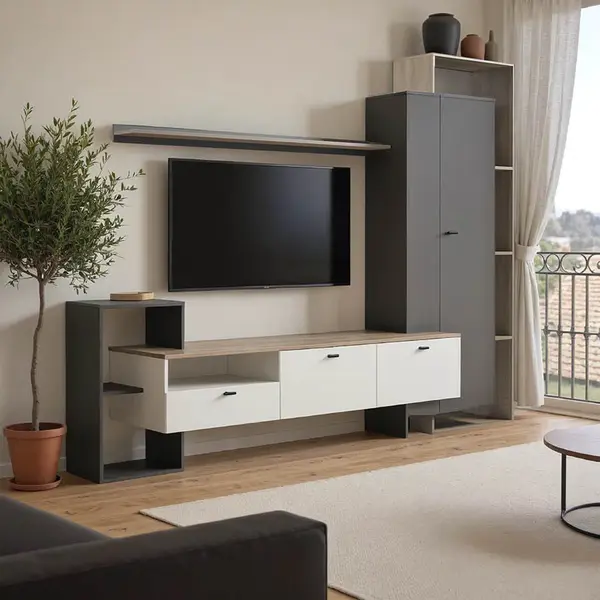 Set mobilier living cu functie de depozitare Ferefia, Alb, 240x45x189 cm