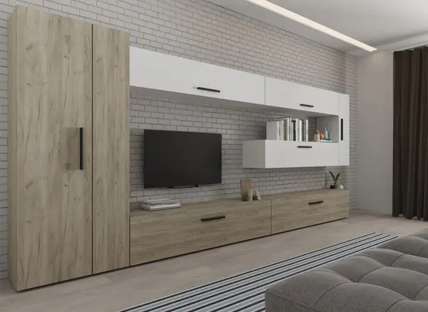 Set Mobilier Living Stejar Gri cu Alb Remy-C01