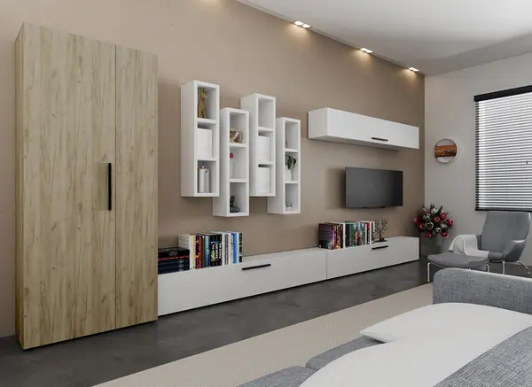 Set Mobilier Living Stejar Gri cu Alb Remy-C09