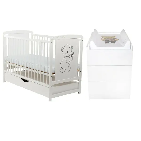 Set mobilier pentru copii, BabyNeeds: Patut din lemn de pin, cu sertar cu capac si somiera reglabila in 3 trepte, Timmi, 120x60 cm + Saltea cocos-burete-cocos, 12 cm + Comoda cu masuta de infasat, Alb