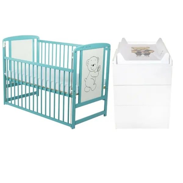 Set mobilier pentru copii, BabyNeeds: Patut din lemn de pin, cu laterala culisanta si somiera reglabila in 3 trepte, Timmi, 120x60 cm + Saltea cocos-burete-cocos, 12 cm + Comoda cu masuta de infasat, Alb/Mint