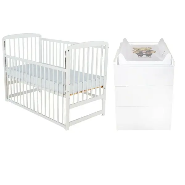Set mobilier pentru copii, BabyNeeds: Patut din lemn de pin, cu laterala culisanta si somiera reglabila in 3 trepte, Ola, 120x60 cm + Saltea cocos-burete-cocos, 10 cm + Comoda cu masuta de infasat, Alb