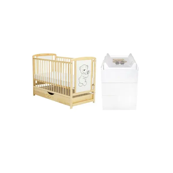 Set mobilier pentru copii, BabyNeeds: Patut din lemn de pin si MDF, cu sertar cu capac si somiera reglabila in 3 trepte, Timmi, 120x60 cm + Saltea cocos-burete-cocos, 8 cm + Comoda cu masuta de infasat, Alb/ Natur