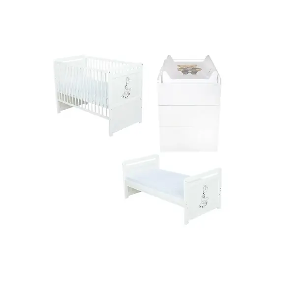 Set mobilier pentru copii, BabyNeeds: Patut multifunctional din lemn de pin, transformabil junior, cu somiera reglabila in 3 trepte, Nadia II, 120x60 cm + Saltea cocos-burete 10 cm + Comoda cu masa de infasat, Alb