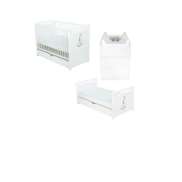 Set mobilier pentru copii, BabyNeeds: Patut multifunctional din lemn de pin, transformabil junior, cu sertar si somiera reglabila in 3 trepte, Nadia II, 120x60 cm + Saltea cocos-burete 8 cm + Comoda cu masa de infasat, Alb