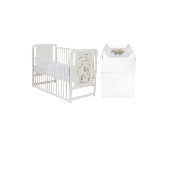 Set mobilier pentru copii, Qmini: Patut din lemn de pin cu roti, cu laterala culisanta si somiera reglabila in 3 trepte, Timmi Heart, 120x60 cm + Saltea cocos-burete-cocos, 8 cm + Comoda cu masuta de infasat, Alb