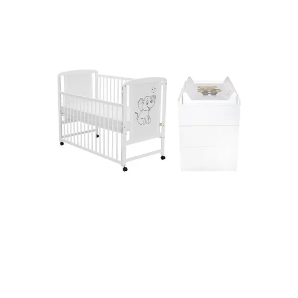 Set mobilier pentru copii, Qmini: Patut din lemn de pin cu roti, cu laterala culisanta si somiera reglabila in 3 trepte, Timmi Elefant, 120x60 cm + Saltea cocos-burete-cocos, 10 cm + Comoda cu masuta de infasat, Alb