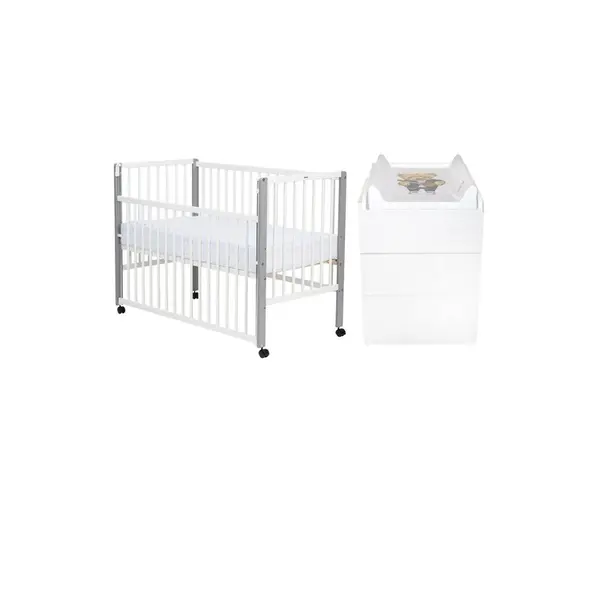 Set mobilier pentru copii, Qmini: Patut din lemn de pin cu roti, cu laterala culisanta si somiera reglabila in 3 trepte, Maya, 120x60 cm + Saltea cocos-burete-cocos, 12 cm + Comoda cu masuta de infasat, Alb