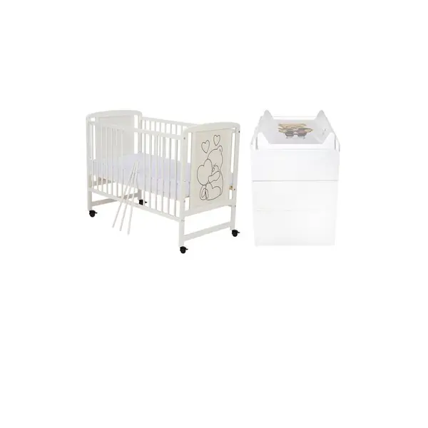 Set mobilier pentru copii, Qmini: Patut din lemn de pin si MDF cu roti, cu somiera reglabila in 3 trepte, Timmi Heart, 120x60 cm + Saltea cocos-burete-cocos, 8 cm + Comoda cu masuta de infasat, Alb