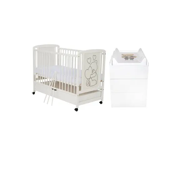 Set mobilier pentru copii, Qmini: Patut din pin si MDF cu roti, cu sertar cu capac si somiera reglabila in 3 trepte, Timmi Heart, 120x60 cm + Saltea cocos-burete-cocos, 8 cm + Comoda cu masuta de infasat, Alb