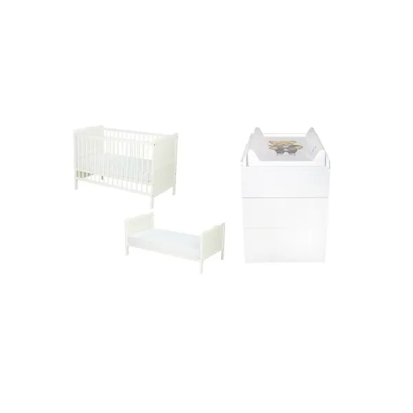 Set mobilier pentru copii, Qmini: Patut multifunctional din lemn de pin, cu somiera reglabila in 3 trepte si cu protectie pentru dentitie, Julia, 120x60 cm + Saltea cocos-burete 12 cm + Comoda cu masa infasat, Alb