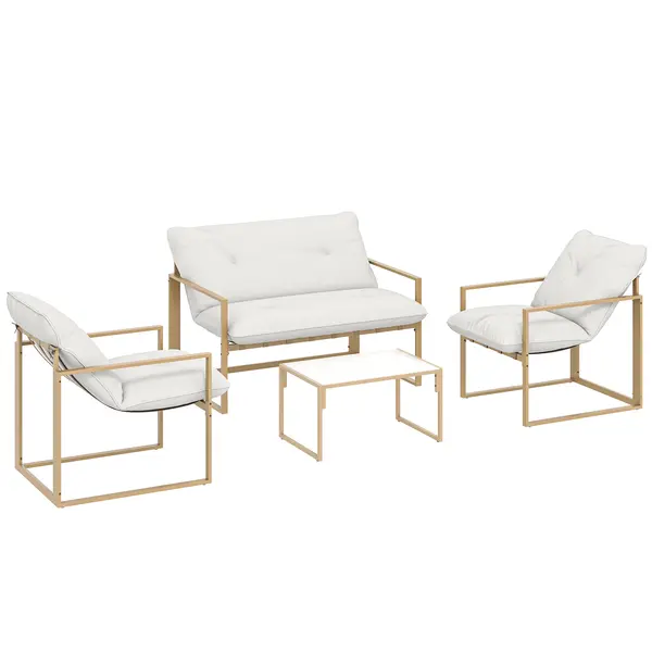 Set mobilier pentru grădină 4 piese Outsunny, set pentru terasă cu masă cu blat din sticlă securizată, canapea, 2 fotolii, Alb | Aosom Romania