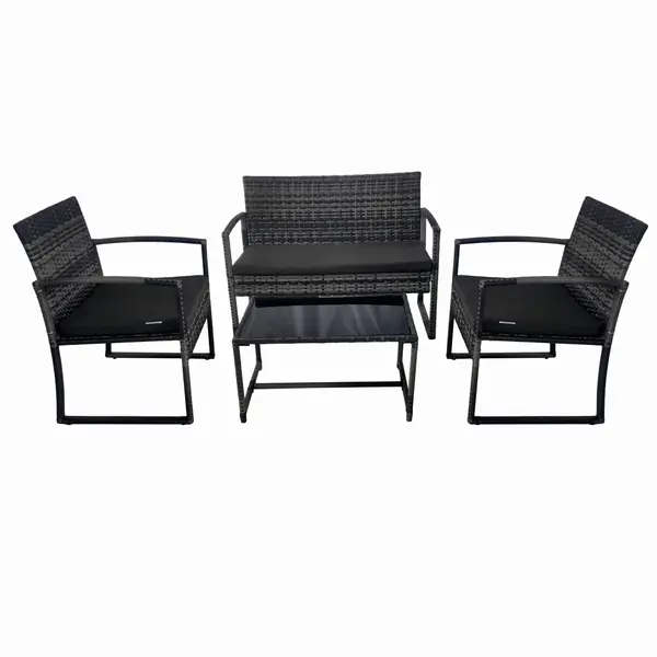 Set mobilier terasa/gradina tip ratan KLUGMEISTER KJF4965, canapea + doua fotolii + masuta din sticla securizata, culoare gri