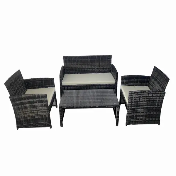 Set mobilier terasa/gradina tip ratan KLUGMEISTER KJFR030, canapea + doua fotolii + masuta din sticla securizata, culoare gri