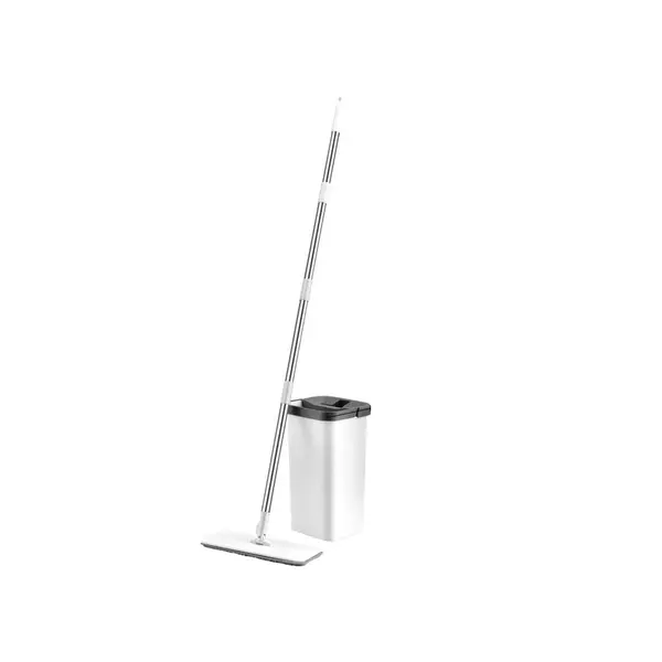 Set mop cu galeata PAA-home®, mop plat din microfibra, cuve separate pentru spalare si uscare, 2 lavete pentru mop incluse, orificiu scurgere apa, cap