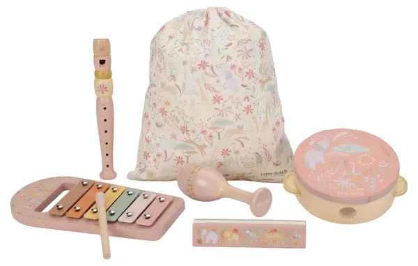 Set muzical din lemn Little Dutch Safari Friends - 5 piese, roz